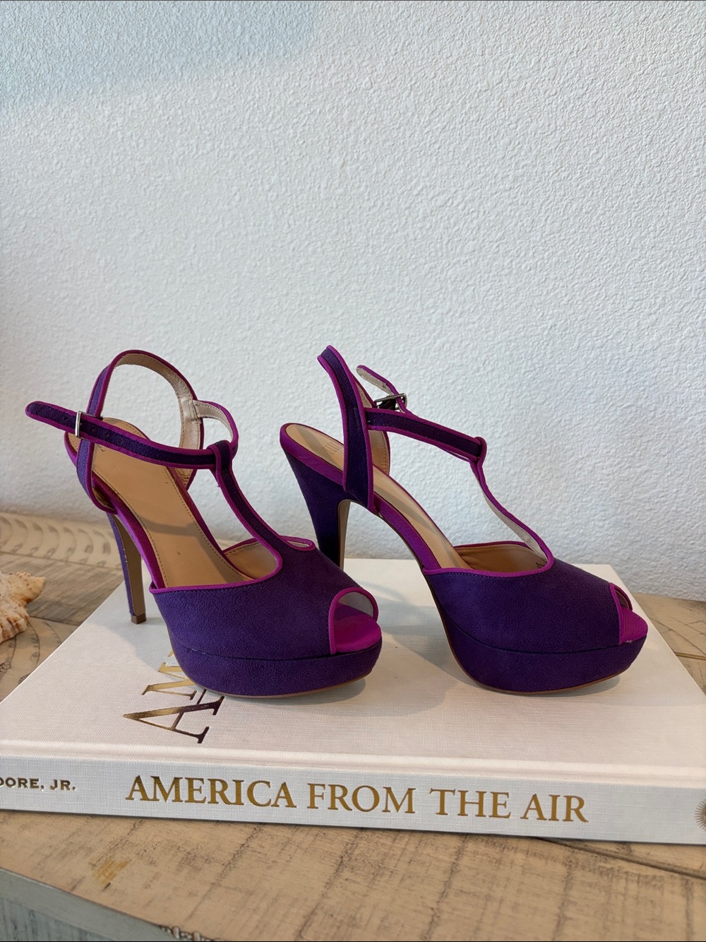 Elle Purple T-Strap Platform Heels with Pink Toe Accent